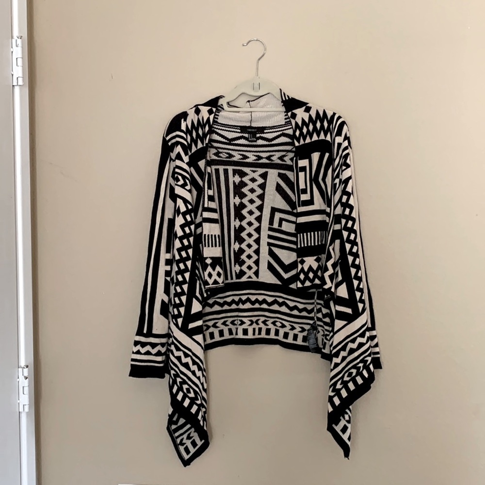 Asymmetrical Cardigan Sweater Geometric Neutral Black and Tan